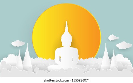 Big White Buddha statue on a hilltop with a background of sunset. paper cut design.
