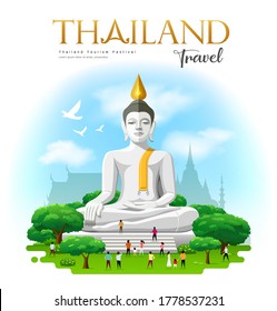 Big white buddha, Suphan Buri Province Thailand travel and people with tree and cloud and sky background design, vector illustration