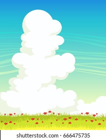 Big white clouds and green grass with blooming red flowers on a blue sky background. Spring nature landscape. Vector illustration.