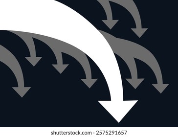 Big white curved arrow falling down followed by others small arrows with dark background represent massive bad condition business decline trading loss economy recession