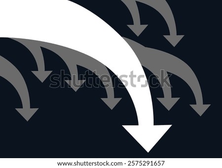 Big white curved arrow falling down followed by others small arrows with dark background represent massive bad condition business decline trading loss economy recession