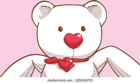 
A big white cute teddy bear and red heart nose   red bow ribbon  Pastel color  Happy Valentine's Day  Lover sharing their happy moment  Cartoon character vector Illustration  Freehand drawing