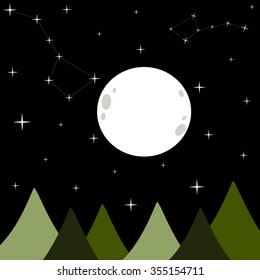 big white full moon in a black dark starry night vector background illustration with ursa bear constellation