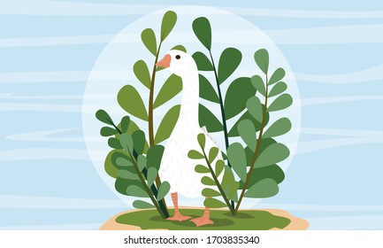 Große weiße Gänse in einer Vielzahl von Hochpflanzen. Hausvogel. Vektorillustration für Kinder