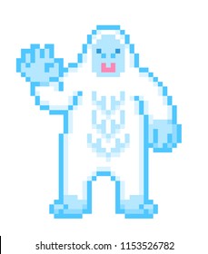 Un gran yeti peludo blanco agitando su mano, el personaje de arte píxel aislado en fondo blanco. Monstruo legendario. Carácter folclórico. Mascota de muñeco de nieve. Retro vintage 80s; Gráficos de juegos de video/máquina tragaperras de los años 90.