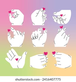 Big white hands holding small pink hearts. Different gestures. Vector design assets isolated on gradient background.