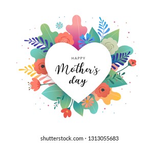 Big white heart with colorful flowers in background. Thank you and birthday card, Mother s day greetings. Vector illustration