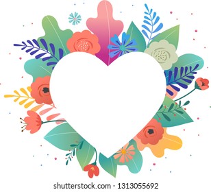 Big white heart and colorful flowers in background  Thank you   birthday card  Mother s day greetings  Vector illustration