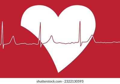 Gran forma de corazón blanco con latido cardíaco encima de él sobre fondo rojo