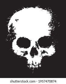 Big White Human Skull on a Black Background. Scary Halloween Vector Illustration with Hand Drawn White Grunge Skull.