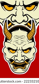 Big white Japanese scary mask elements isolated on red background.