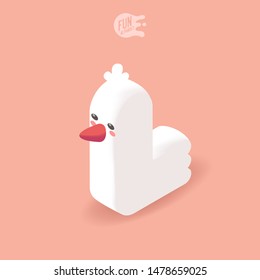 Big white kawaii isometric letter L on a pink background. Cute 3D cartoon alphabet for children. Animal font with face