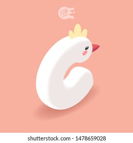 Big white kawaii isometric letter C on a pink background. Cute 3D cartoon alphabet for children. Animal font with face