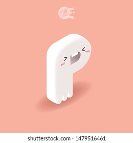 Big white kawaii isometric letter P on a pink background. Cute 3D cartoon alphabet for children. Animal font with face