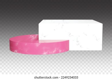 Gran podio cubo de mármol blanco con cilindro de piedra rosa para publicidad o promoción de productos. Plantilla de banner con doble pedestal para mostrar el producto o vale de venta. Composición de la etapa del vector.