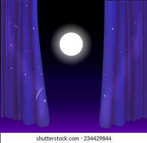 big white moon between two curtain like night sky, fairy night window, night view