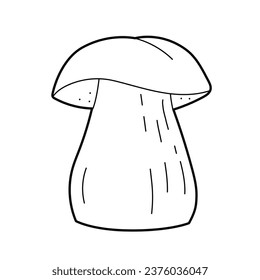 Gran champiñón blanco, boletus, hongos esponjosos. Ilustración del contorno blanco negro vectorial. Diseñar elementos o páginas del libro de colorear para niños.