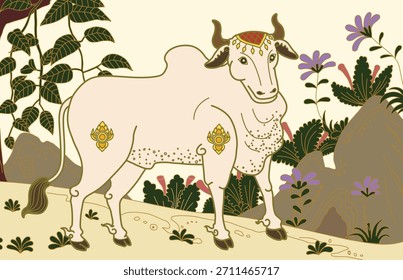 Ein großer weißer Ochse ist im Wald. Sie erhebt den Kopf. Dies ist ein thailändisches Kunstgemälde in gelber Stimmung.