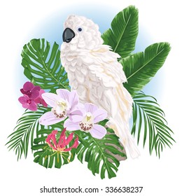 Big white parrot and exotic flowers. Vector illustration