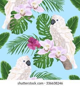 Big white parrot and exotic flowers. Seamless vector pattern