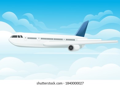 Big white passenger airplane turbine jet plane in blue sunny sky flat vector illustration