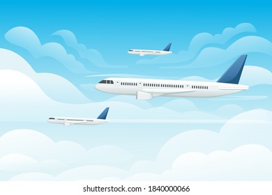 Big white passenger airplanes turbine jet plane in blue sunny sky flat vector illustration