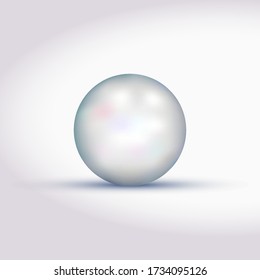 Big white pearl with shadow. Shiny oyster pearl, sphere shiny sea pearl. Realistic jewelry object. Realistic jewelry object. Vector illustration.