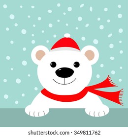 Big white polar bear in santa claus hat and scarf. Merry Christmas Greeting Card. Blue background with snow. Flat design Vector illustration