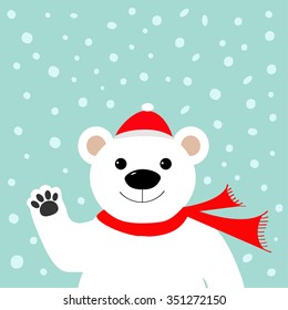 Big white polar bear in santa claus hat and scarf, waving hand paw.  Merry Christmas Greeting Card. Blue background with snow. Flat design Vector illustration