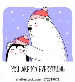 Big white polar bear takes care of a little pretty penguin, snow, winter, new year red hats with pom-pom. Childish illustration for baby clothes print, mugs, wear etc.  text "you are my everything"