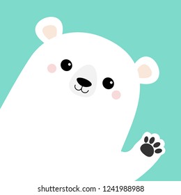 Big white polar bear waving hand paw print. Cute cartoon funny kawaii baby character. Merry Christmas Greeting Card. Flat design. Blue background. Greeting card. Vector illustration