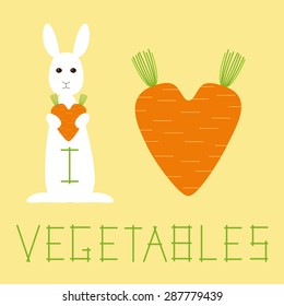Big white rabbit holding big orange heart shaped carrot with green cropped tops and lettering I love vegetables isolated on yellow background. Flat style illustration. Healthy food concept