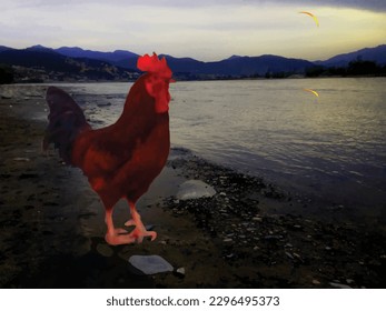 A big white ,red fighter cock is a birds photo and decorative painting ,great for decoration ,valentine ,christmas ,book cover ,textile and fabric print ,gift card and different web and print purposes