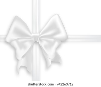 Big white ribbon bow isolated on white background, vector illustration. Realistic satin bow, gift wrapping concept with space for text. Bright romantic decoration element.