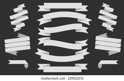 Big white Ribbons Set, Isolated On black Background, Vector Illustration.