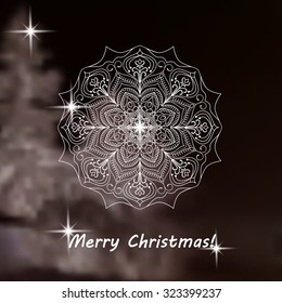 big white snowflake, mandala over night blurry background, Christmas concept, for greeting, invitation card, or cover. 