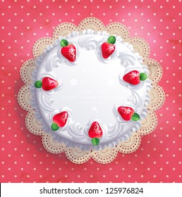 Big white wedding cake with cream and strawberries and free space for your text