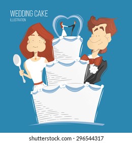 Big white wedding cake illustration. Happy smile groom and bride woman and man eating wedding cake.