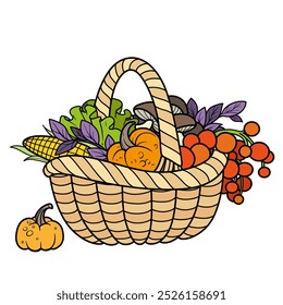 Big wicker basket with vegetables from autumn harvest on white background. Image produced without the use of any form of AI software at any stage.