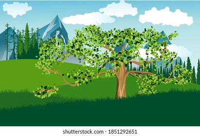 Big wide old green tree on the green hills, vector landscape illustration