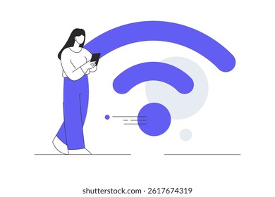 Big wifi sign. Free wifi hotspot. Woman Character in free internet zone using mobile gadget. Flat Cartoon Vector Illustration, icon. Stylish abstract design landing page