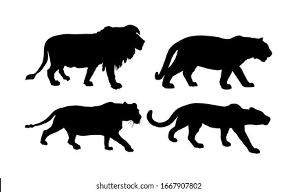 Big Wild Cat Collection. Lion And Lioness Silhouette. Tiger Vector Silhouette Illustration Isolated On White Background. Panther Hunting. Leopard Symbol. Wildlife Predator. Cougar. Mountain Lion.