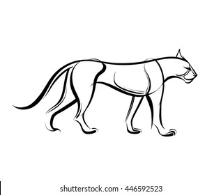 Big wild cat. Running Cheetah. Vector illustration, logo, icon. Linear black and white drawing.