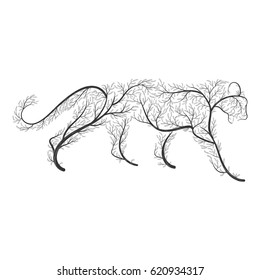 Big wild cat stylized by bushes  for use as logos on cards, in printing, posters, invitations, web design and other purposes.
