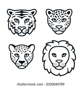 Big wild cats face set, black and white logo. Lion, tiger, leopard, cheetah heads. Isolated vector clip art illustration.