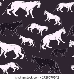 Big wild cats seamless pattern. Tropical seamless pattern with bright panther, cheetah isolatedon black background. Perfect for textile, wallpapers, web page backgrounds. Vector