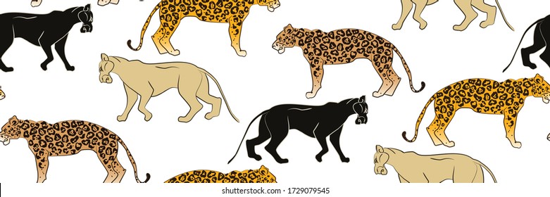 Big wild cats seamless pattern. Tropical seamless pattern with bright leopard, panther, jaguar, cheetah isolated on white. Perfect for textile, wallpapers, web page backgrounds. Vector