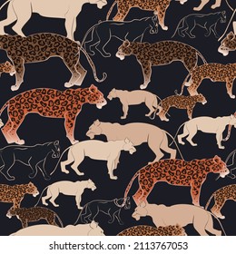 Big wild cats seamless pattern. Tropical seamless pattern with bright leopard, panther, jaguar, cheetah isolated on black. Perfect for textile, wallpapers, web page backgrounds. Vector illustration