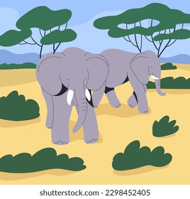 Gran elefante salvaje en la naturaleza africana, paisaje de sabana. Animales africanos en el parque de savana, parque de safari. Mamíferos gigantes con baúles, colmillos, caminando en sabana. Vida silvestre. Ilustración vectorial plana