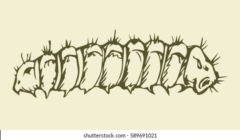 Big wild garden hairy butterfly grub isolated on white backdrop. Freehand outline black ink hand drawn picture sketchy in art scribble retro style pen on paper. Close-up micro view with space for text